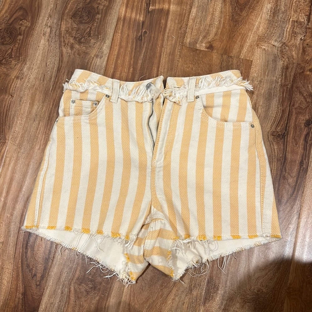 Yellow and white striped high waisted shorts